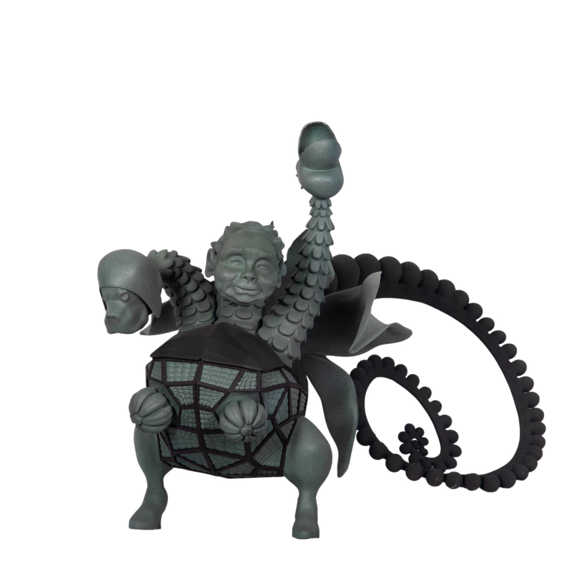 Black and green sculpture of a three headed monster with a long tail. Click for more mythical creatures.